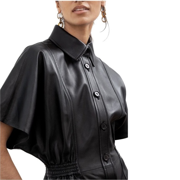 & Other Stories Structured Leather Collard Midi Dress Black 8 Vamp Goth Witchy - Picture 3 of 16